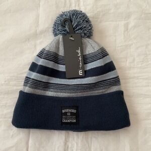 Travis Mathew Men Golf Beanie Hat Pom Pom Blue Grey Stripes Bushwood CC Champion